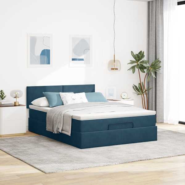 Voodiraam peatsiga koos madratsiga, tumesinine, 140 × 200 cm, samet — mudel 3311709