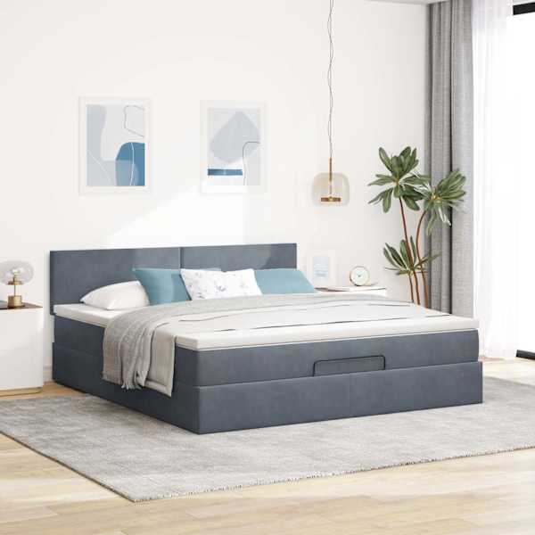 Voodiraam peatsiga koos madratsiga, tumehall, 180 × 200 cm, samet — mudel 3311718