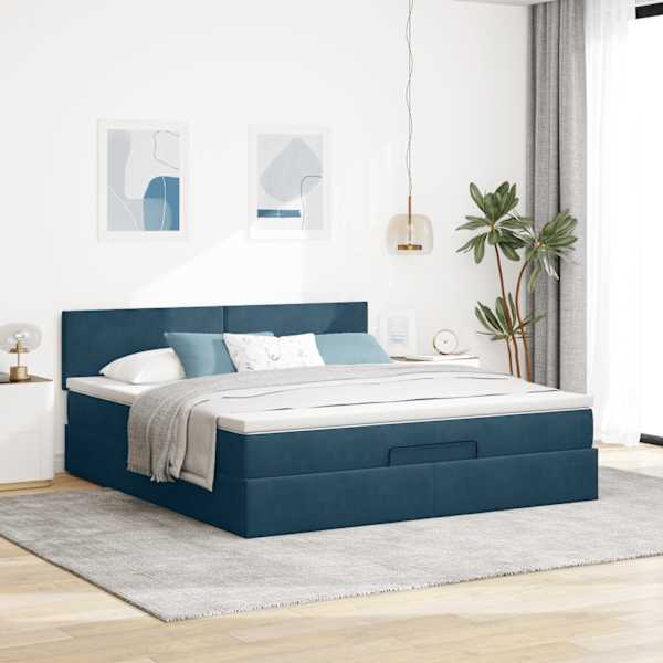 Voodiraam peatsiga koos madratsiga, tumesinine, 180 × 200 cm, samet — mudel 3311721