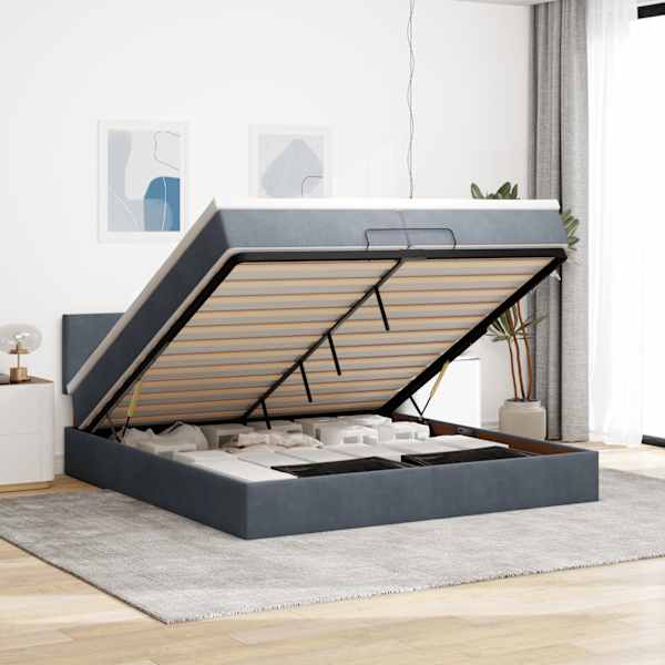 Voodiraam peatsiga koos 2 madratsiga, tumehall, 200 × 200 cm, samet — mudel 3311724