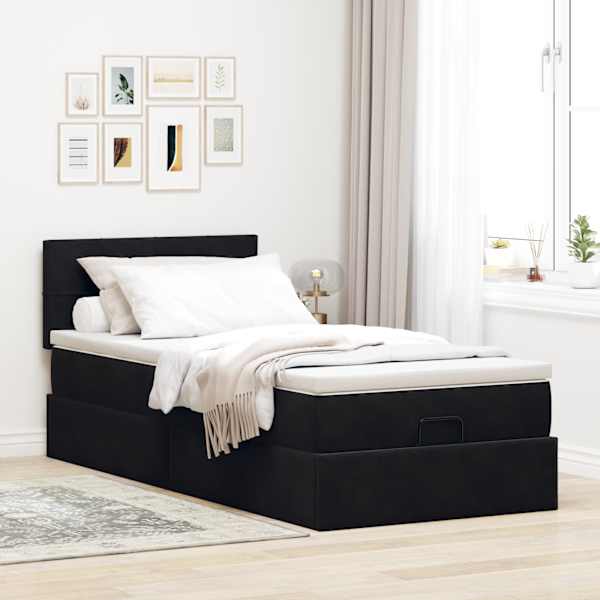 Voodiraam peatsiga koos madratsiga, must, 90 × 200 cm, samet — mudel 3311749