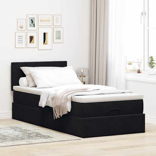Voodiraam peatsiga koos madratsiga, must, 100 × 200 cm, samet — mudel 3311755