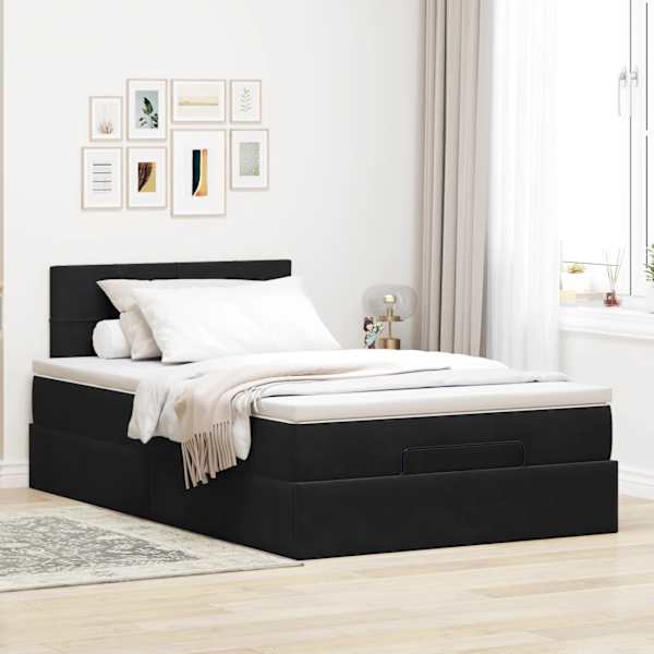 Voodiraam peatsiga koos madratsiga, must, 120 × 190 cm, samet — mudel 3311761