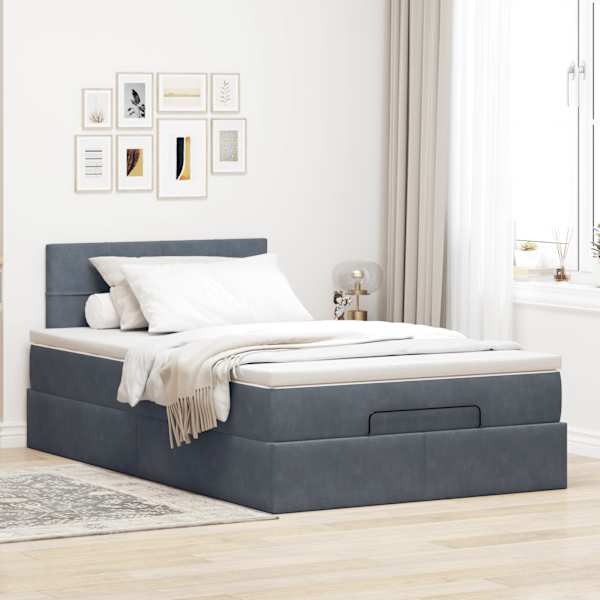 Voodiraam peatsiga koos madratsiga, tumehall, 120 × 200 cm, samet — mudel 3311766