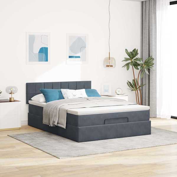 Voodiraam peatsiga koos madratsiga, tumehall, 140 × 190 cm, samet — mudel 3311772