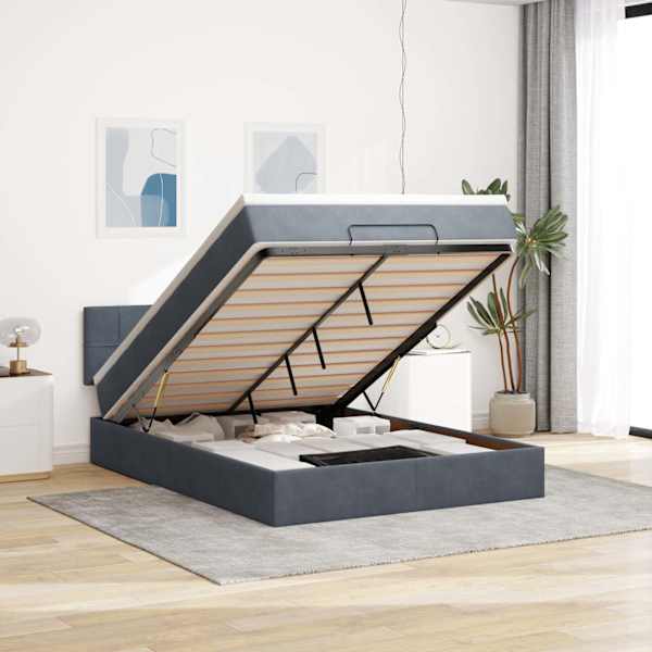 Voodiraam peatsiga koos madratsiga, tumehall, 140 × 190 cm, samet — mudel 3311772