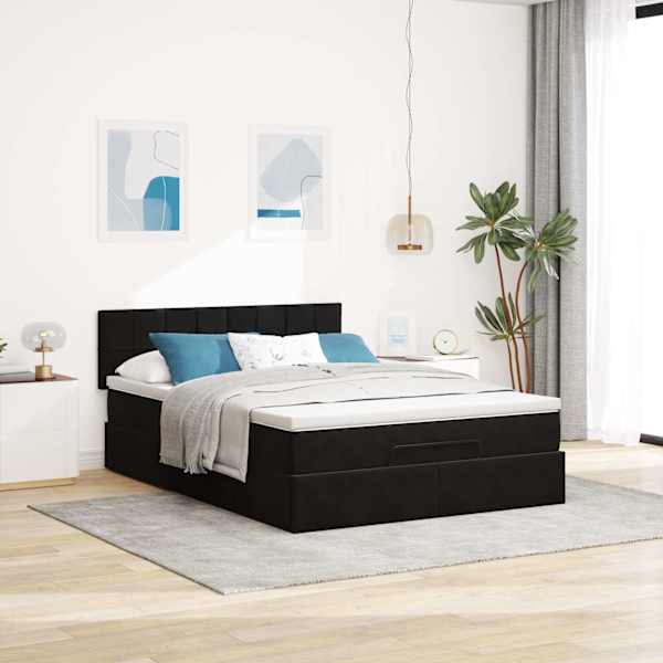 Voodiraam peatsiga koos madratsiga, must, 140 × 200 cm, samet — mudel 3311779