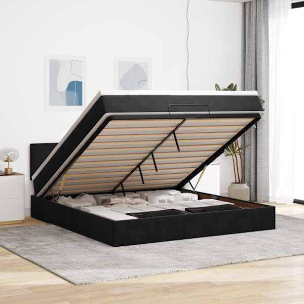 Voodiraam peatsiga koos madratsiga, must, 160 × 200 cm, samet — mudel 3311785