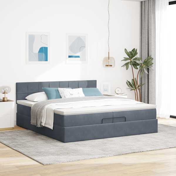Voodiraam peatsiga koos 2 madratsiga, tumehall, 200 × 200 cm, samet — mudel 3311796