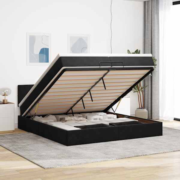 Voodiraam peatsiga koos 2 madratsiga, must, 200 × 200 cm, samet — mudel 3311797
