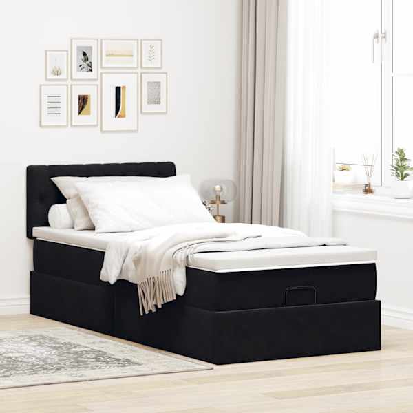 Voodiraam peatsiga koos madratsiga, must, 80 × 200 cm, samet