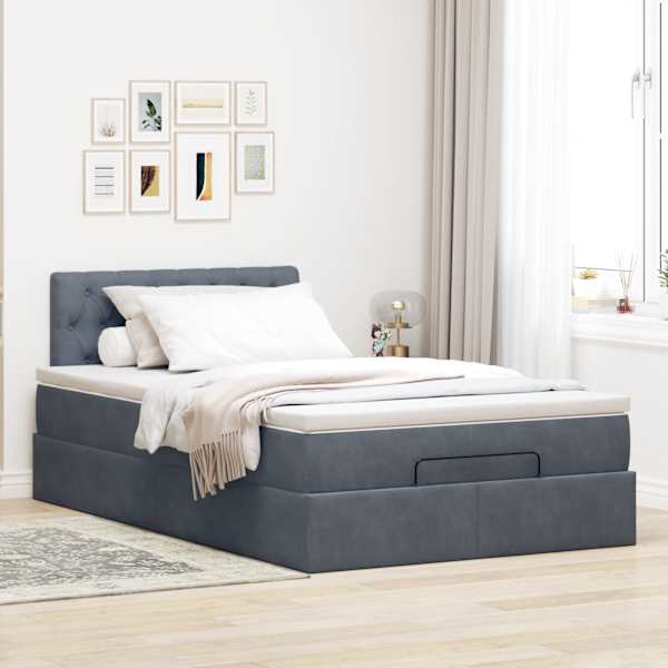 Voodiraam peatsiga koos madratsiga, tumehall, 120 × 190 cm, samet — mudel 3311832