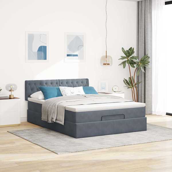 Voodiraam peatsiga koos madratsiga, tumehall, 140 × 200 cm, samet — mudel 3311850