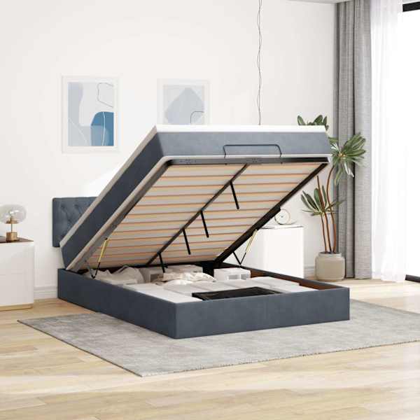 Voodiraam peatsiga koos madratsiga, tumehall, 140 × 200 cm, samet — mudel 3311850