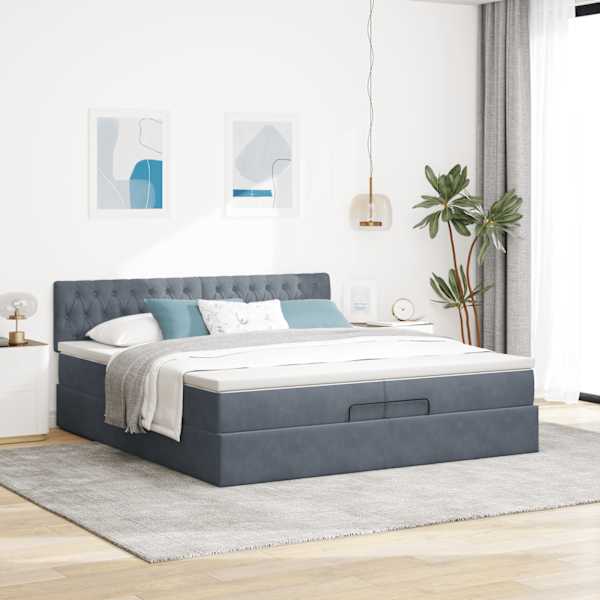 Voodiraam peatsiga koos 2 madratsiga, tumehall, 200 × 200 cm, samet — mudel 3311868