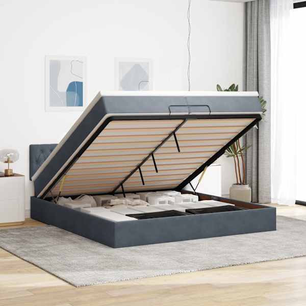 Voodiraam peatsiga koos 2 madratsiga, tumehall, 200 × 200 cm, samet — mudel 3311868