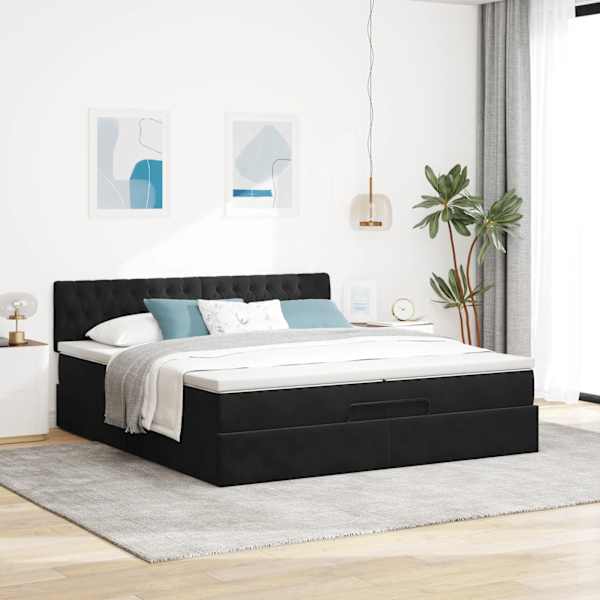 Voodiraam peatsiga koos 2 madratsiga, must, 200 × 200 cm, samet — mudel 3311869