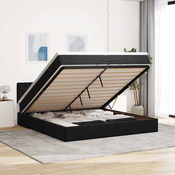 Voodiraam peatsiga koos 2 madratsiga, must, 200 × 200 cm, samet — mudel 3311869