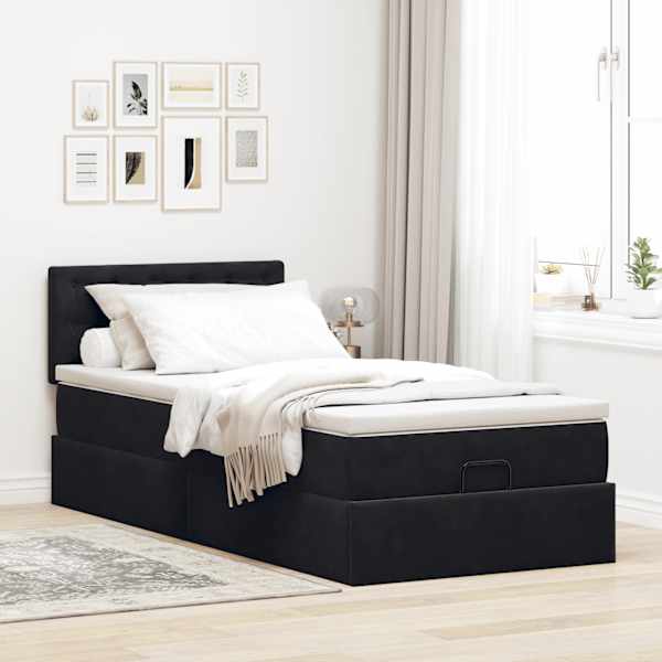 Voodiraam peatsiga koos madratsiga, must, 90 × 190 cm, samet — mudel 3311887