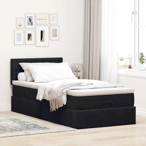 Voodiraam peatsiga koos madratsiga, must, 100 × 200 cm, samet — mudel 3311899