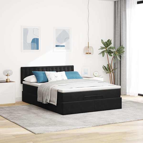 Voodiraam peatsiga koos madratsiga, must, 140 × 190 cm, samet — mudel 3311917