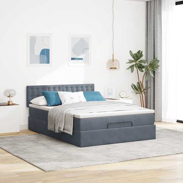 Voodiraam peatsiga koos madratsiga, tumehall, 140 × 200 cm, samet — mudel 3311922