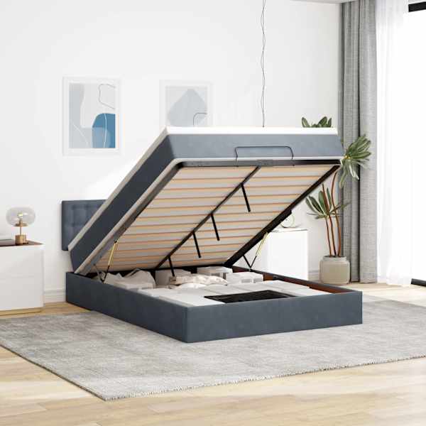 Voodiraam peatsiga koos madratsiga, tumehall, 140 × 200 cm, samet — mudel 3311922