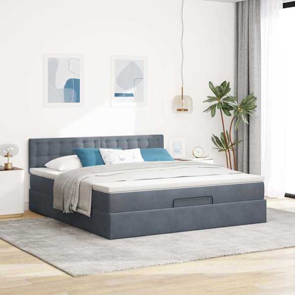 Voodiraam peatsiga koos madratsiga, tumehall, 160 × 200 cm, samet — mudel 3311928
