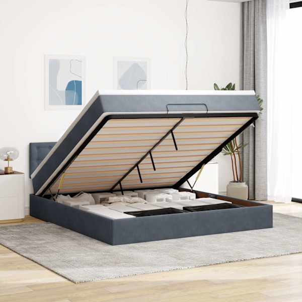 Voodiraam peatsiga koos madratsiga, tumehall, 160 × 200 cm, samet — mudel 3311928