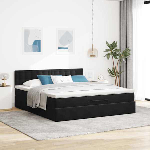 Voodiraam peatsiga koos 2 madratsiga, must, 200 × 200 cm, samet — mudel 3311941