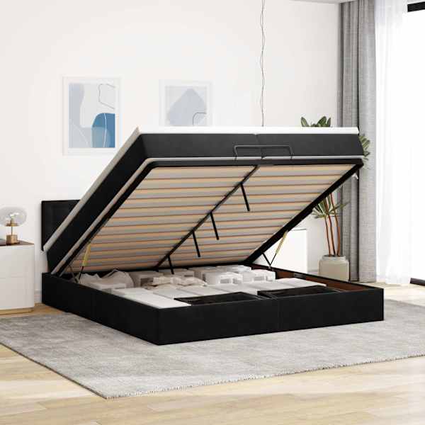 Voodiraam peatsiga koos 2 madratsiga, must, 200 × 200 cm, samet — mudel 3311941