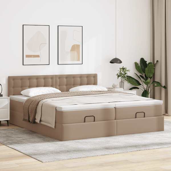 Voodiraam peatsiga koos 2 madratsiga, 2 voodiraami, cappuccino, 200 × 200 cm, kunstnahk — mudel 3311965