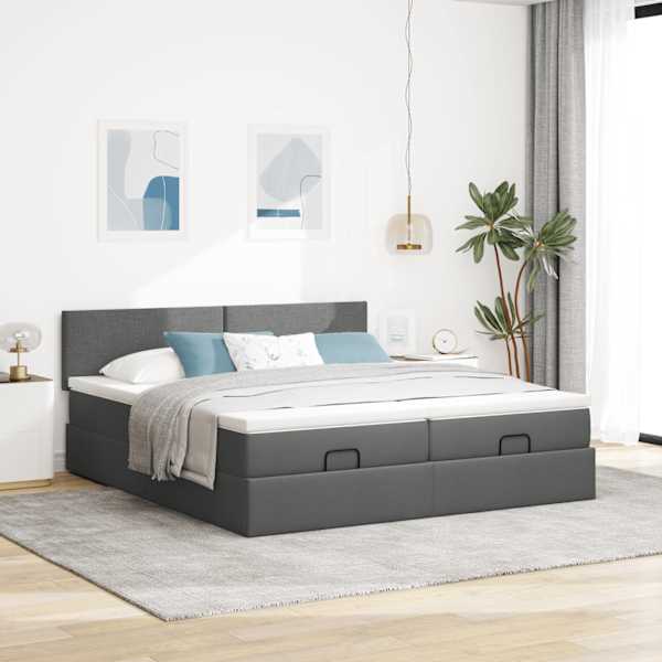Voodiraam peatsiga koos 2 madratsiga, 2 voodiraami, tumehall, 180 × 200 cm, kangas — mudel 3311974