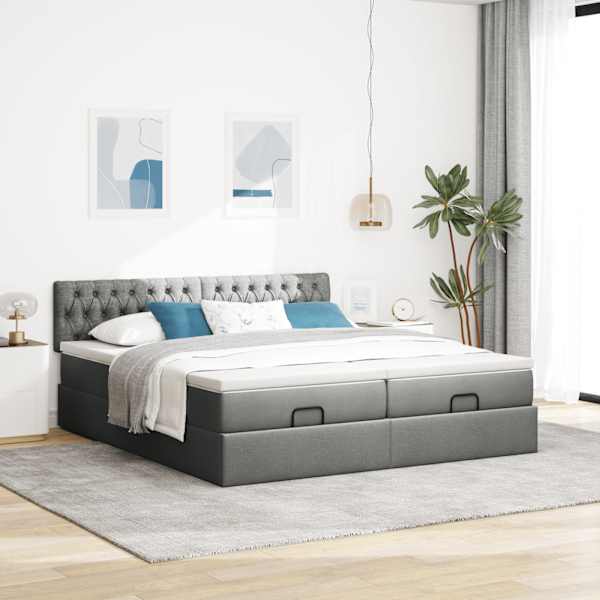 Voodiraam peatsiga koos 2 madratsiga, 2 voodiraami, tumehall, 160 × 200 cm, kangas