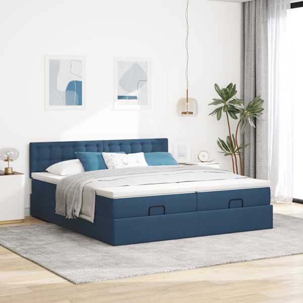 Voodiraam peatsiga koos 2 madratsiga, 2 voodiraami, sinine, 180 × 200 cm, kangas