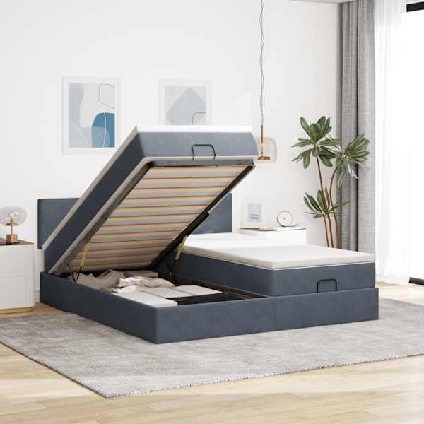 Voodiraam peatsiga koos 2 madratsiga, 2 voodiraami, tumehall, 180 × 200 cm, samet — mudel 3312057