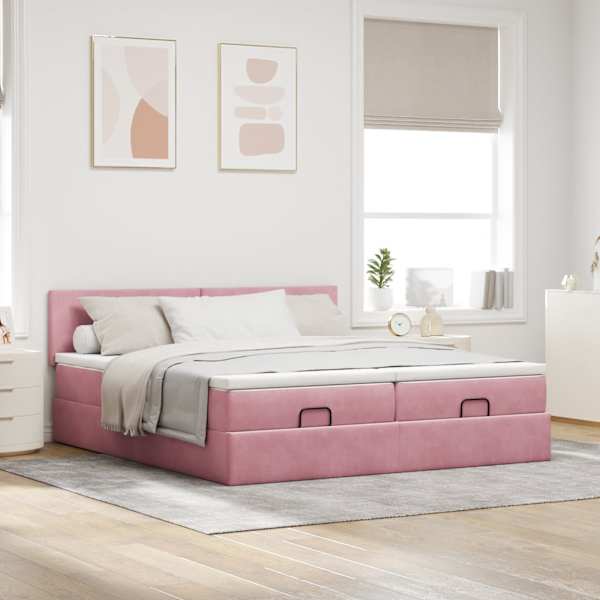 Voodiraam peatsiga koos 2 madratsiga, 2 voodiraami, roosa, 180 × 200 cm, samet — mudel 3312061
