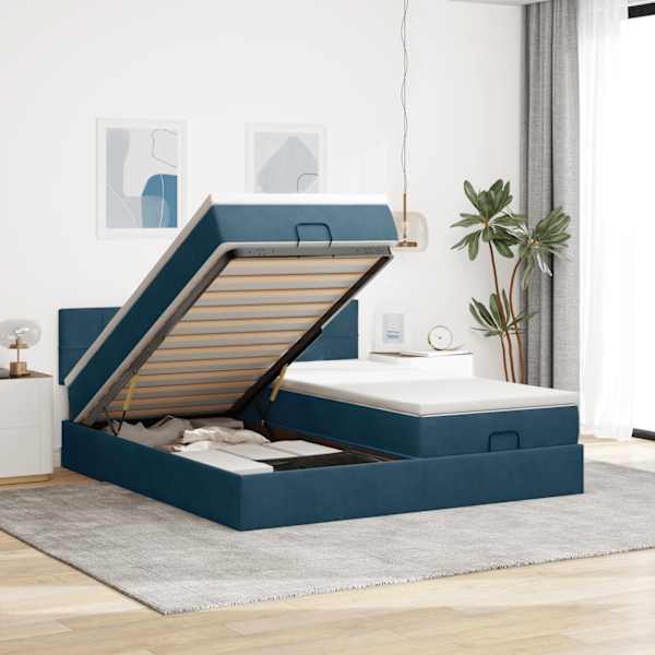 Voodiraam peatsiga koos 2 madratsiga, 2 voodiraami, tumesinine, 160 × 200 cm, samet