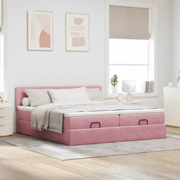 Voodiraam peatsiga koos 2 madratsiga, 2 voodiraami, roosa, 160 × 200 cm, samet