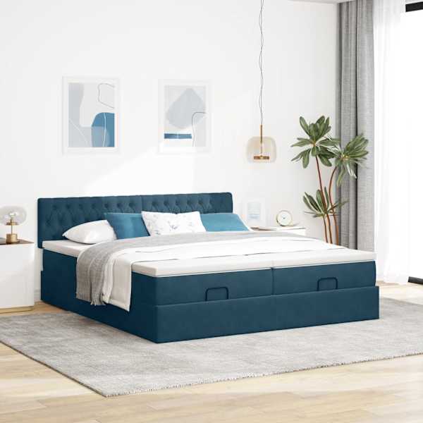 Voodiraam peatsiga koos 2 madratsiga, 2 voodiraami, tumesinine, 160 × 200 cm, samet