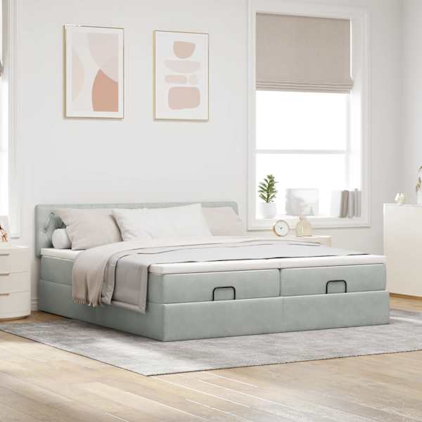 Voodiraam peatsiga koos 2 madratsiga, 2 voodiraami, helehall, 180 × 200 cm, samet — mudel 3312092