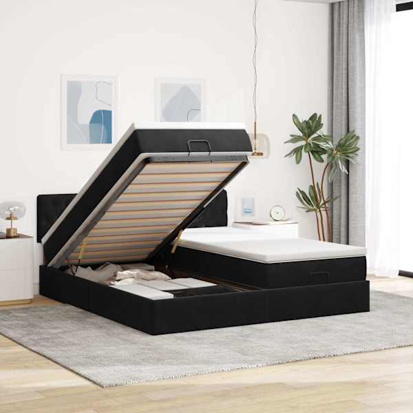 Voodiraam peatsiga koos 2 madratsiga, 2 voodiraami, must, 200 × 200 cm, samet — mudel 3312100