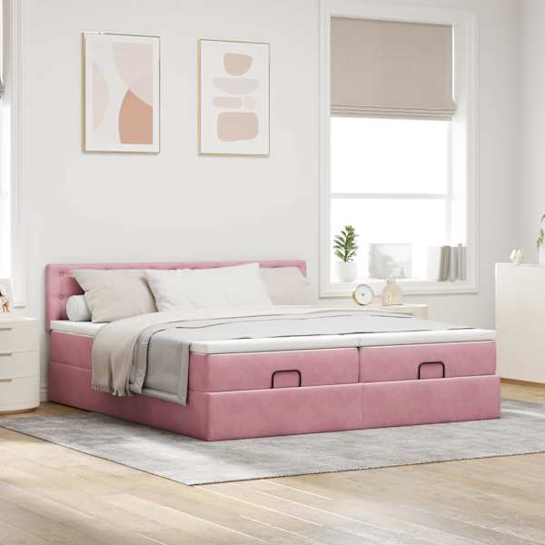 Voodiraam peatsiga koos 2 madratsiga, 2 voodiraami, roosa, 160 × 200 cm, samet