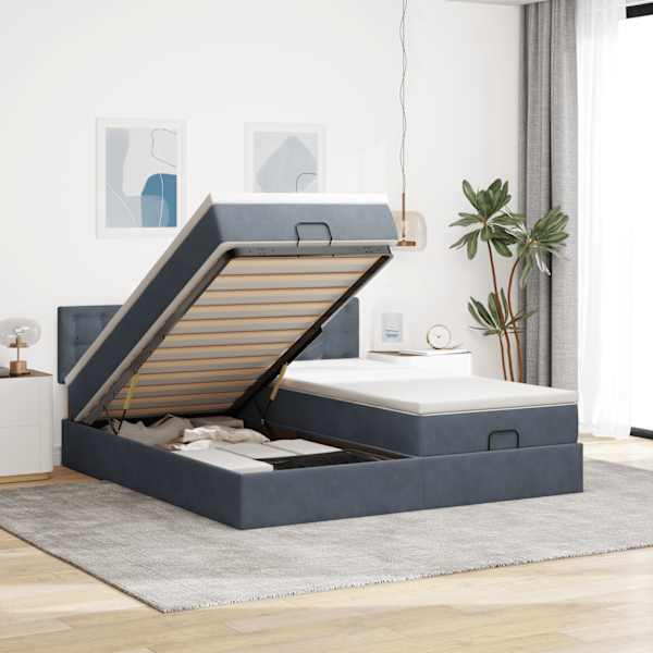 Voodiraam peatsiga koos 2 madratsiga, 2 voodiraami, tumehall, 180 × 200 cm, samet — mudel 3312111