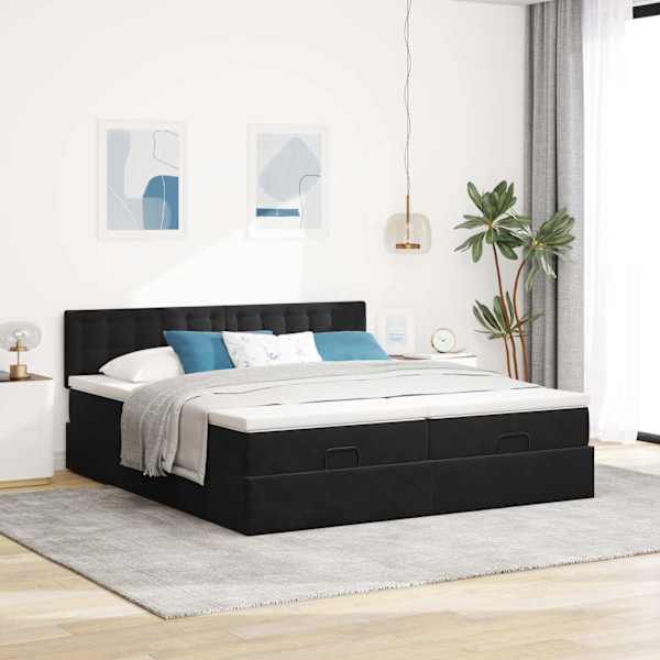 Voodiraam peatsiga koos 2 madratsiga, 2 voodiraami, must, 180 × 200 cm, samet — mudel 3312112