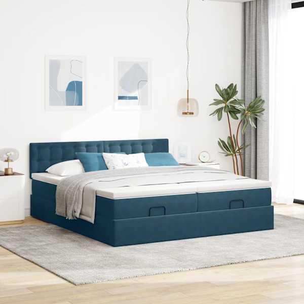 Voodiraam peatsiga koos 2 madratsiga, 2 voodiraami, tumesinine, 180 × 200 cm, samet — mudel 3312114