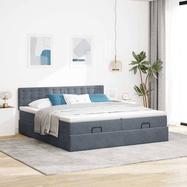 Voodiraam peatsiga koos 2 madratsiga, 2 voodiraami, tumehall, 200 × 200 cm, samet — mudel 3312117