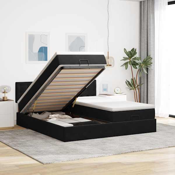 Voodiraam peatsiga koos 2 madratsiga, 2 voodiraami, must, 200 × 200 cm, samet — mudel 3312118