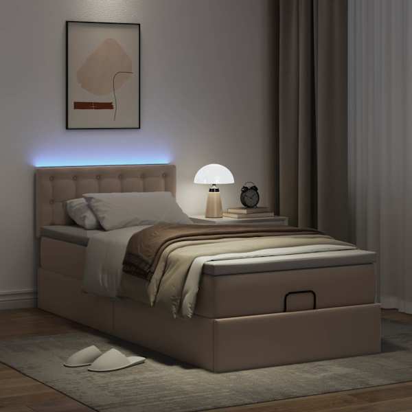 LED-valgustusega voodiraam peatsiga koos madratsiga, cappuccino, 100 × 200 cm, kunstnahk — mudel 3312141