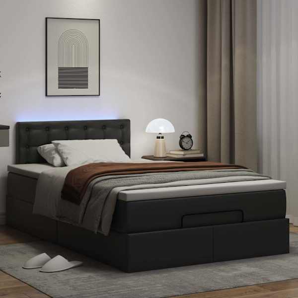 LED-valgustusega voodiraam peatsiga koos madratsiga, must, 120 × 190 cm, kunstnahk — mudel 3312142